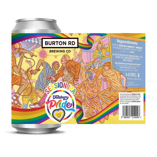 Beer can with Burton Rd Brewing Co branding and Didsbury Pride design on a white background