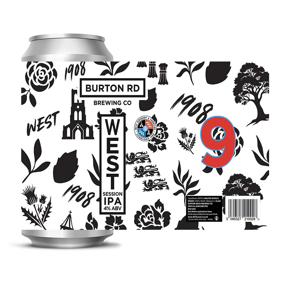 Beer can with Burton Rd Brewing Co branding and decorative elements on a white background